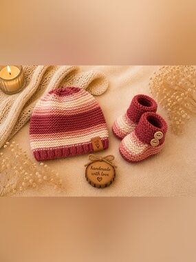 Handmade Striped Knit Beanie & Booties - Rose and Cream